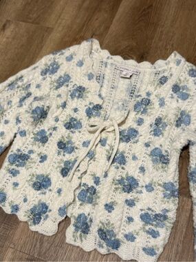 Crochet Women’s Cream Floral Tie-Front Cardigan Sweater